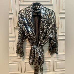 New Jennafer Grace Leopard Sequin Dolman Kimono Wolf & Badger Small Black Silver